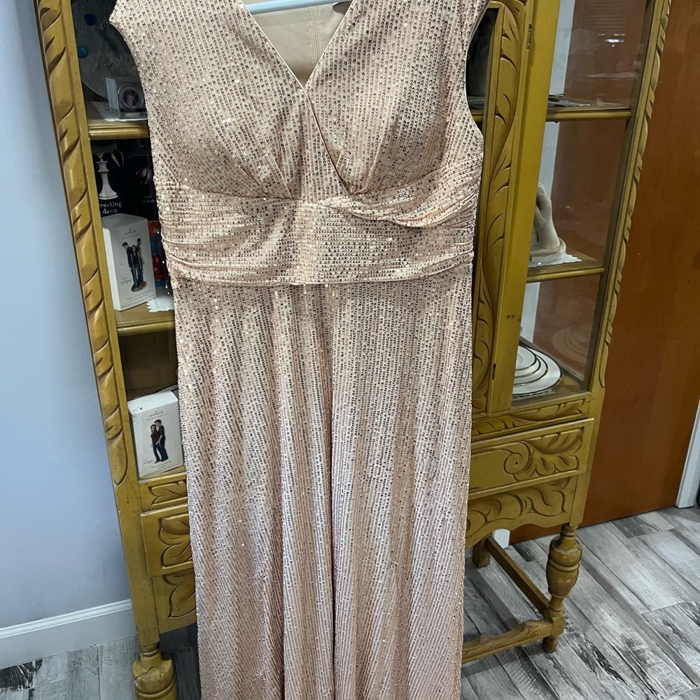Azazie Rose Gold Sequined V-Neck Maxi Dress